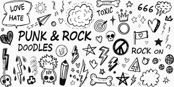 Fototapeta Hand drawn punk rock doodles and symbols collection with text elements