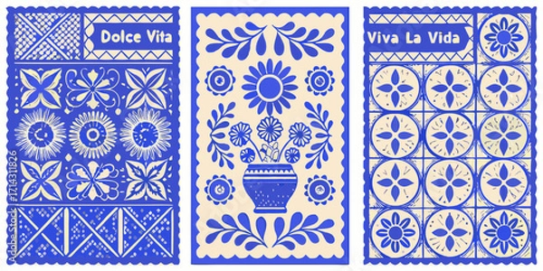 Fototapeta Triptych of mexican folk art inspired designs featuring floral motifs and decorative patterns in blue and cream
