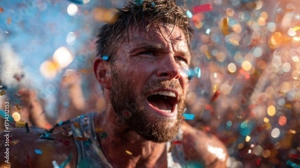 Fototapeta A spirited man stands in a flurry of colorful confetti, fully immersed in a moment of joy and celebration, symbolizing life's vibrant and exhilarating experiences.
