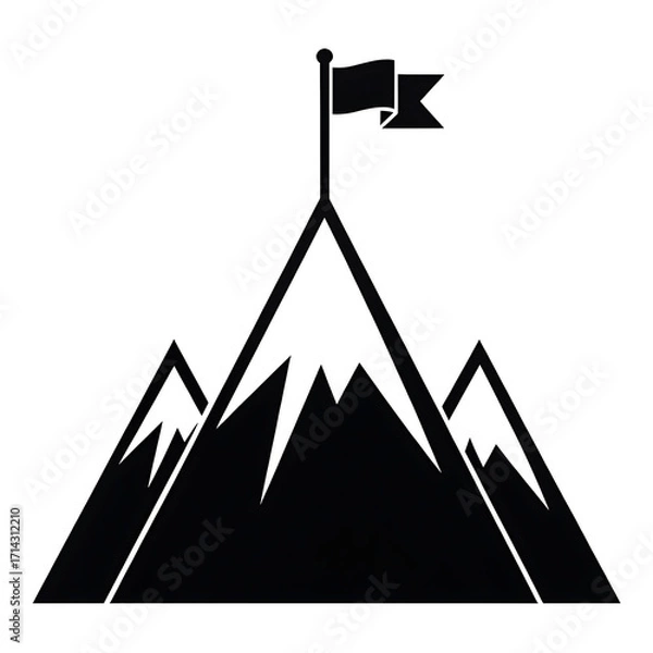 Fototapeta Black silhouette of a mountain peak with a flag at the summit
