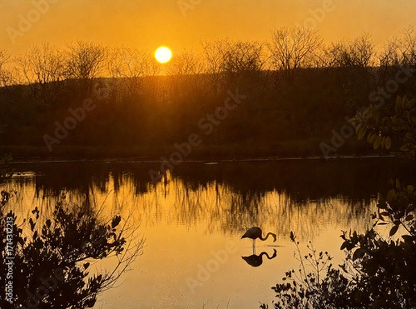 Obraz Flamingo Silhouette at Sunset Serene Reflections on a Calm Lake