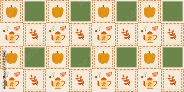 Fototapeta Autumn Seamless Pattern with Teapots, Pumpkins, Fall Leaves and Checkerboard Design for Fabric, Wallpaper, and Decor