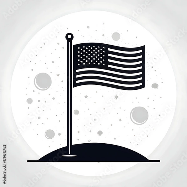 Fototapeta American flag planted on the moon surface with stars and craters