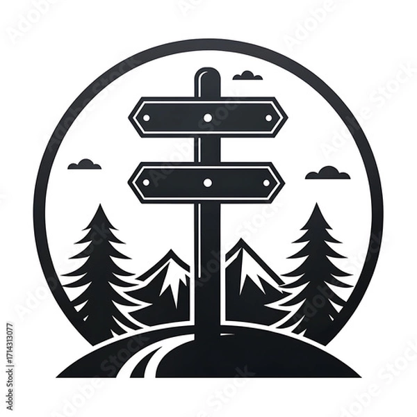 Fototapeta Circular silhouette of a signpost with mountains and trees