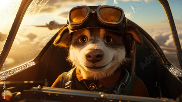 Fototapeta The dog is the captain piloting the plane
