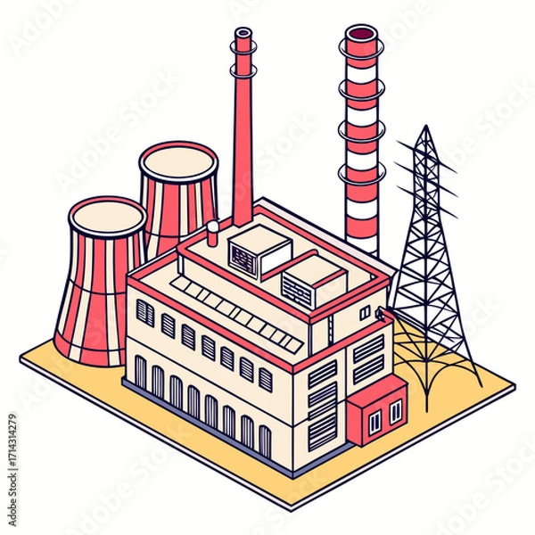 Fototapeta Isometric illustration of a power plant, showcasing its industrial design, energy production, and infrastructure in a clean and modern style