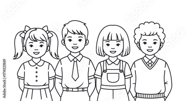 Fototapeta A black and white line art illustration of four diverse smiling school children standing together perfect for a coloring page.