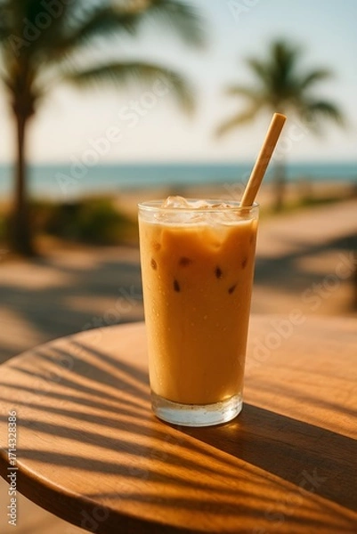 Fototapeta Iced latte on summer café table with tropical vibe