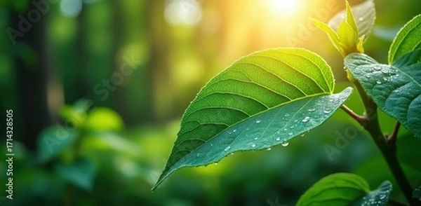 Fototapeta Sunlight shines through dew drops on lush green leaves in a forest