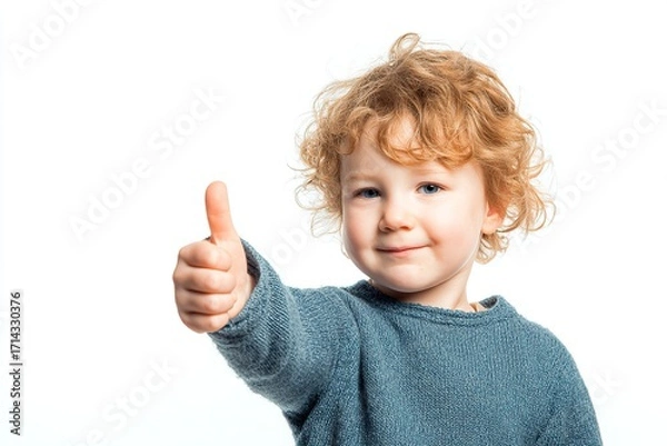 Fototapeta A cute, young child with thumbs up, isolated on a white background. The image was taken in a studio setting with soft lighting,