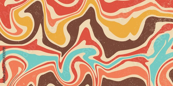 Fototapeta Abstract Retro 70s colorful sun with rays on vintage background. Groovy banner, poster or postcard. Vector illustration.