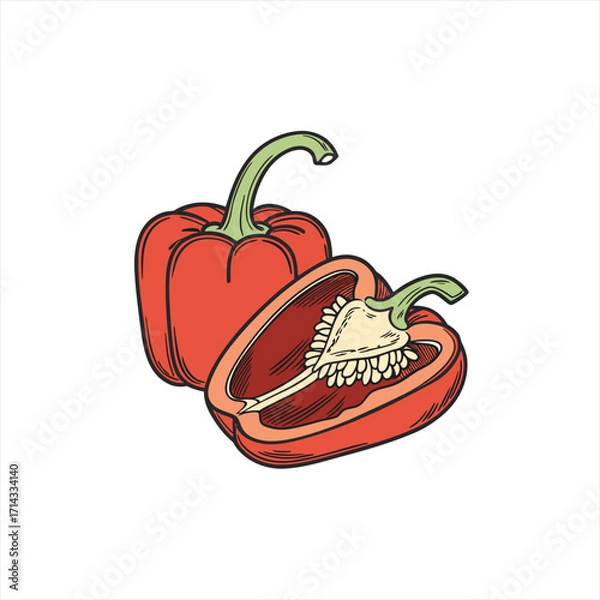 Fototapeta Red bell pepper whole and halved with seeds