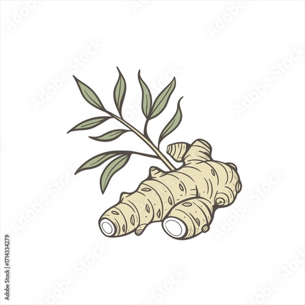 Fototapeta Hand drawn illustration of fresh ginger root with leaves on white background