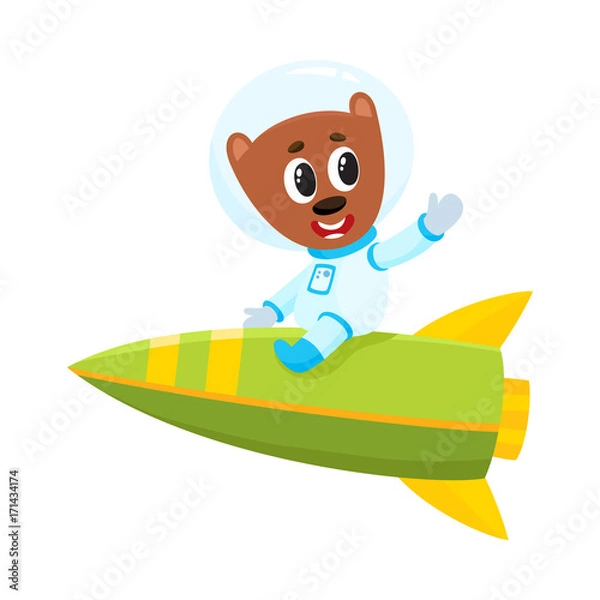 Obraz Cute little teddy bear astronaut, spaceman character riding a rocket, cartoon vector illustration isolated on white background. Baby teddy bear astronaut, spaceman in spacesuit riding rocket in space