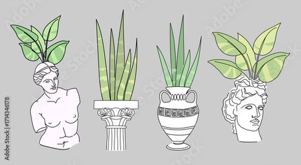 Obraz A set of antique style doodle vases with house plants.