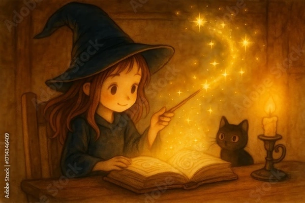 Fototapeta Cute little witch girl at home reading a magic book with her black cat, holding a glowing wand and surrounded by a cozy magical atmosphere, enchanting Halloween scene