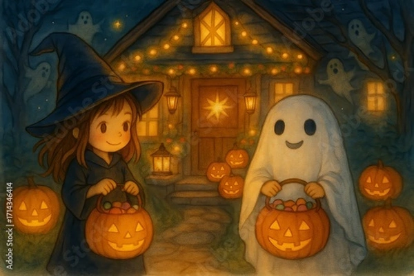 Obraz Little witch girl and her ghost friend holding candy-filled carved pumpkins, standing in front of a house ready to go trick or treating, cute and festive Halloween scene