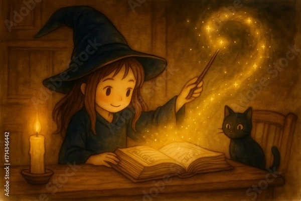 Obraz Cute little witch girl practicing magic at home with her playful black cat, reading a magic book and waving a glowing wand, whimsical and cozy Halloween scene