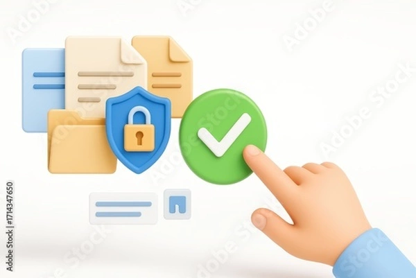 Fototapeta Digital Security Concept with Hand Interacting with Shield Icon, Green Checkmark, and Documents