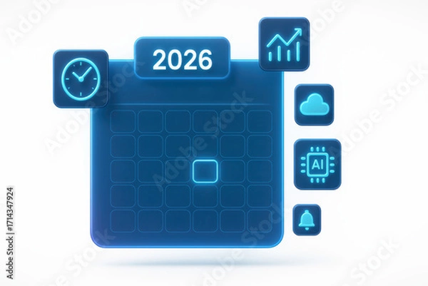 Fototapeta Futuristic Calendar Display for Year 2026 with Icons of Time, Data, and Artificial Intelligence