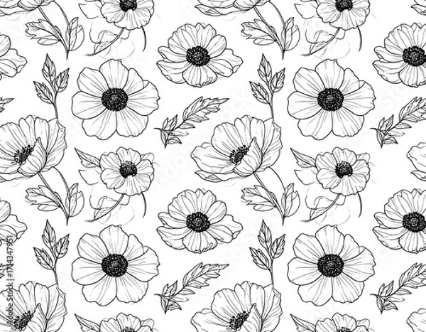 Fototapeta Floral line art seamless pattern