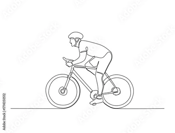 Fototapeta Continuous line art drawing of cyclists cycling on road ,bicycle sport race concept.  Athlete riding a bicycle in single line art drawing vector illustration. Editable stroke.