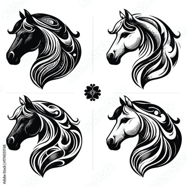 Fototapeta  Vector image set of black and white horse heads