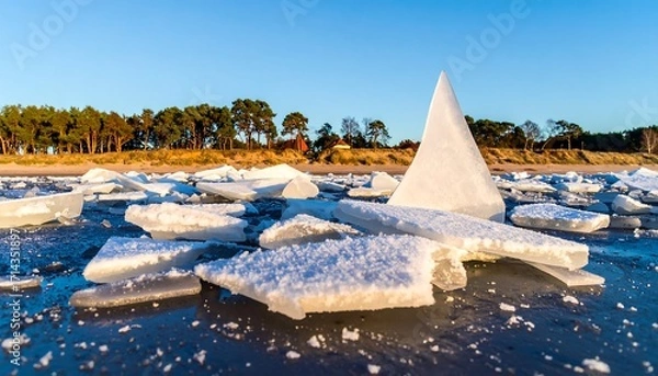 Fototapeta Ice shards on a beach at dawn