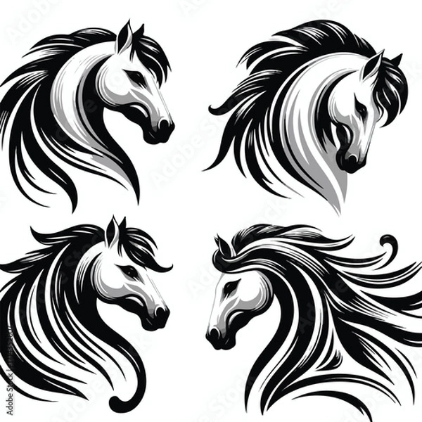 Fototapeta  Vector image set of black and white horse heads
