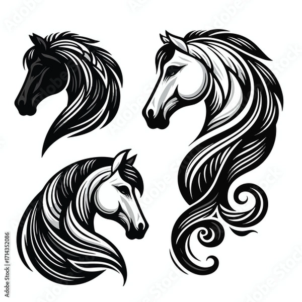 Fototapeta  Vector image set of black and white horse heads
