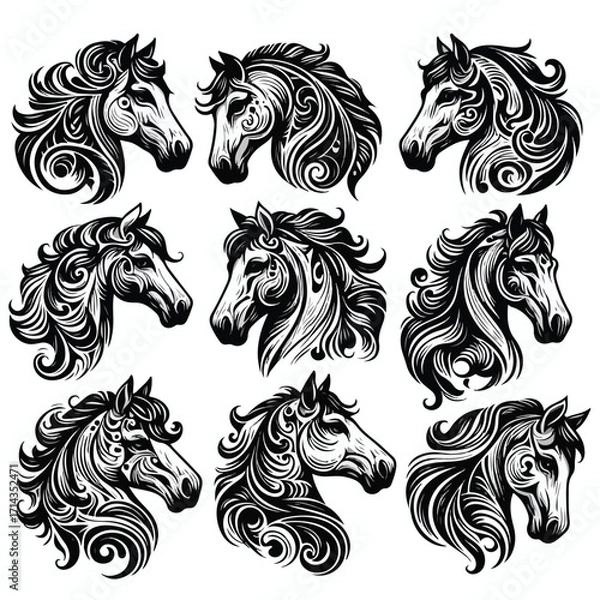 Fototapeta  Vector image set of black and white horse heads