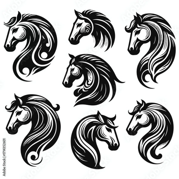 Fototapeta  Vector image set of black and white horse heads