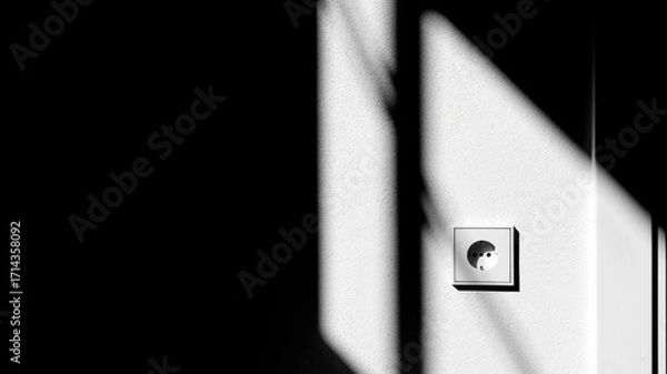 Fototapeta Minimalistic photo of a white wall socket with dramatic light and shadow contrast on the wall.