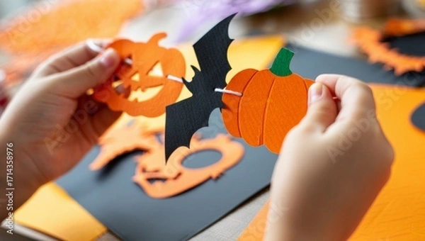 Fototapeta Child hands holding and assembling halloween garland with diy paper pumpkin, bat, and jack o'lantern decorations, creating festive crafts for the holiday celebration