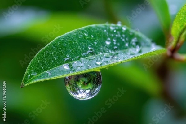 Obraz Closeup of Water Droplet Hanging from Green Leaf