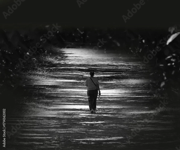 Fototapeta A man walks on a winding path amidst the shadows of trees.