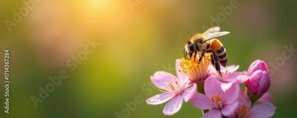 Fototapeta Honeybee gathering nectar from delicate spring blossom , wildflower, close-up, invertebrate