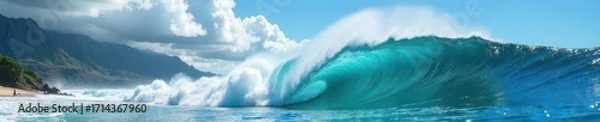 Fototapeta Massive ocean wave crashing on Oahu's North Shore, cliff, breaking, dramatic