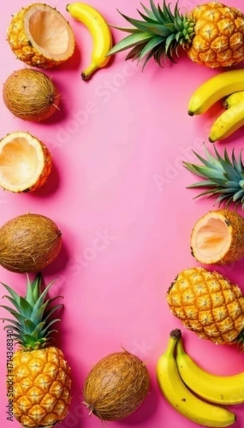 Fototapeta Pink background with playful arrangement of pineapples, bananas, coconuts, design element, exotic, summery