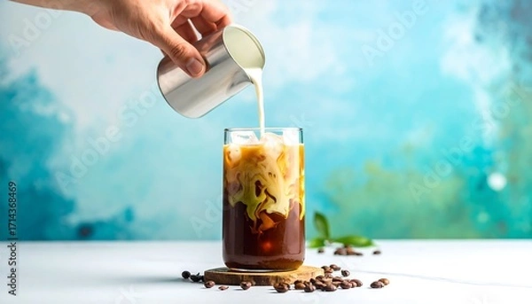 Obraz Iced coffee drink with milk being poured