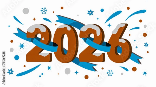 Fototapeta A festive digital illustration of the year 2026 in a 3D style with brown and white layers