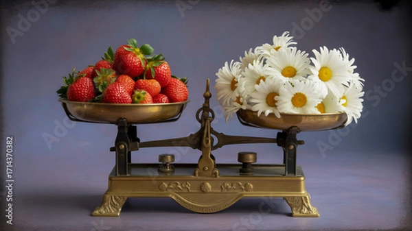 Fototapeta A high-quality photograph of a vintage brass balance scale with two circular metal bowls.