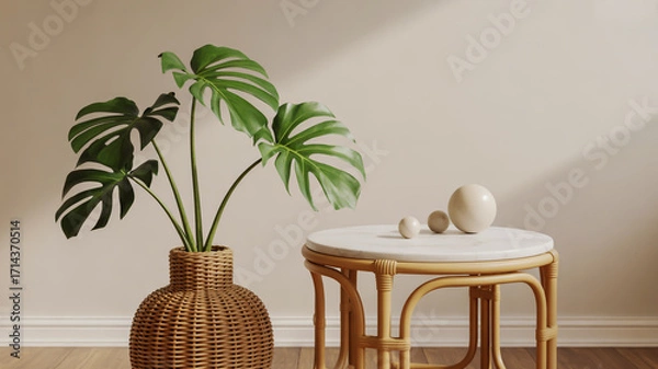 Fototapeta A minimalist interior scene featuring a Monstera deliciosa plant in a woven beige ceramic vase with vertical ribbed texture.