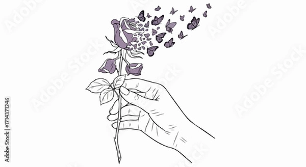 Fototapeta A delicate hand holds a rose, its petals morphing into butterflies, isolated on white background, representing transformation and the beauty of change