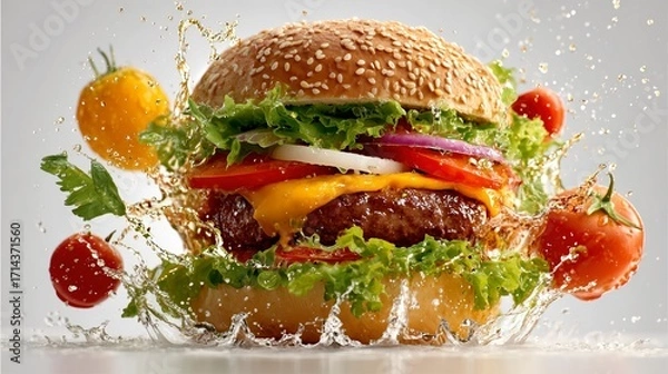 Fototapeta Juicy hamburger with flying ingredients and splashing water, dynamic food photography on white background, high detail and vibrant composition