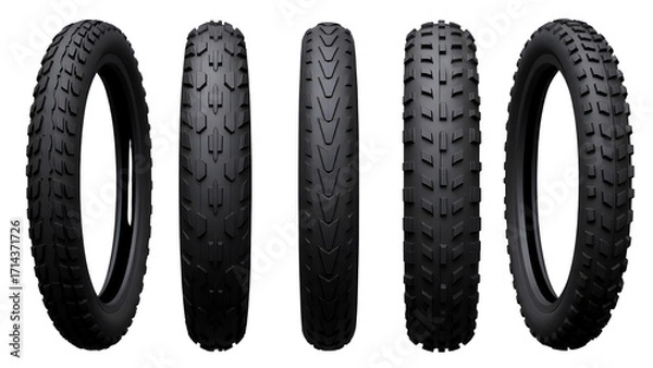Fototapeta Five motorcycle tires with different tread patterns isolated on transparent background