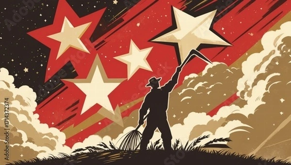 Fototapeta Farmer silhouetted against stars in a retro-style landscape 