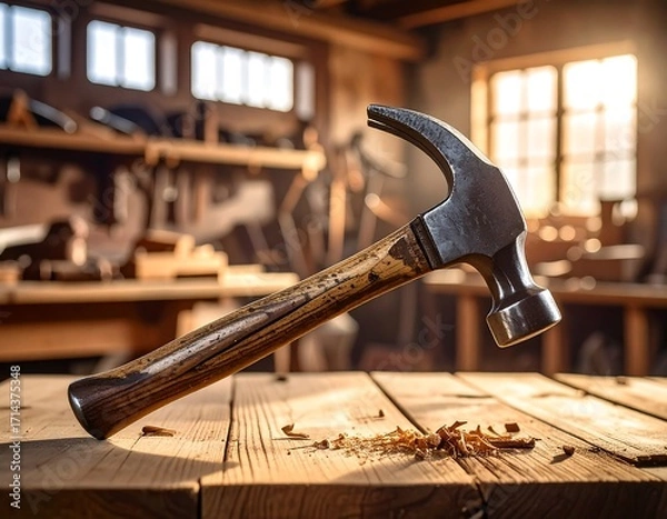 Fototapeta Hammer on a wooden workbench in a bright workshop