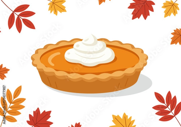 Obraz Pumpkin pie with whipped cream surrounded by autumn leaves
