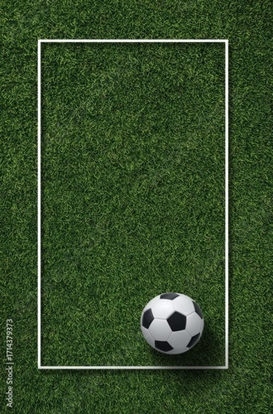 Fototapeta A classic black and white soccer ball rests on a lush green field, centrally positioned within a thin, rectangular white frame